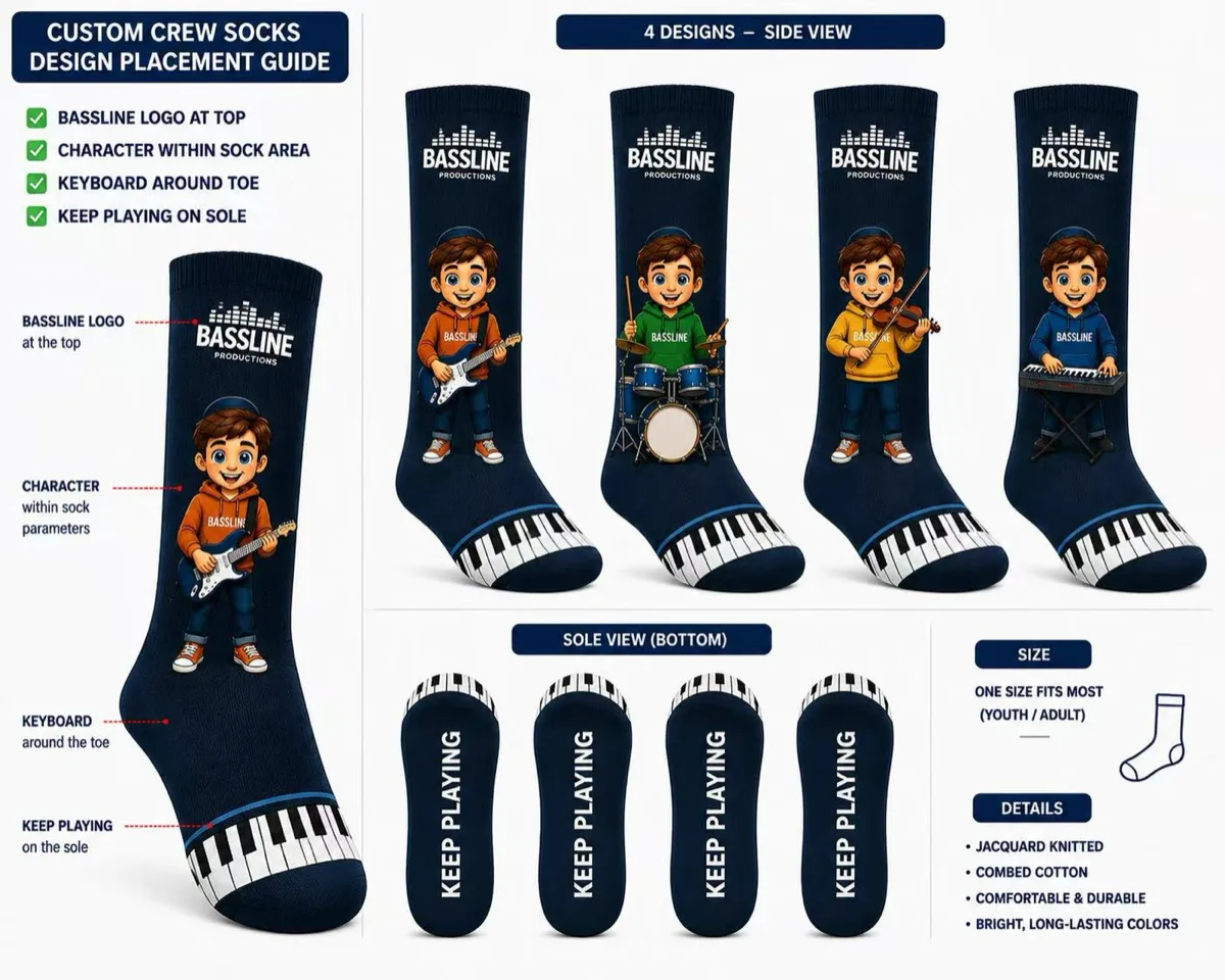 Branded socks and tees coordinated as one identity