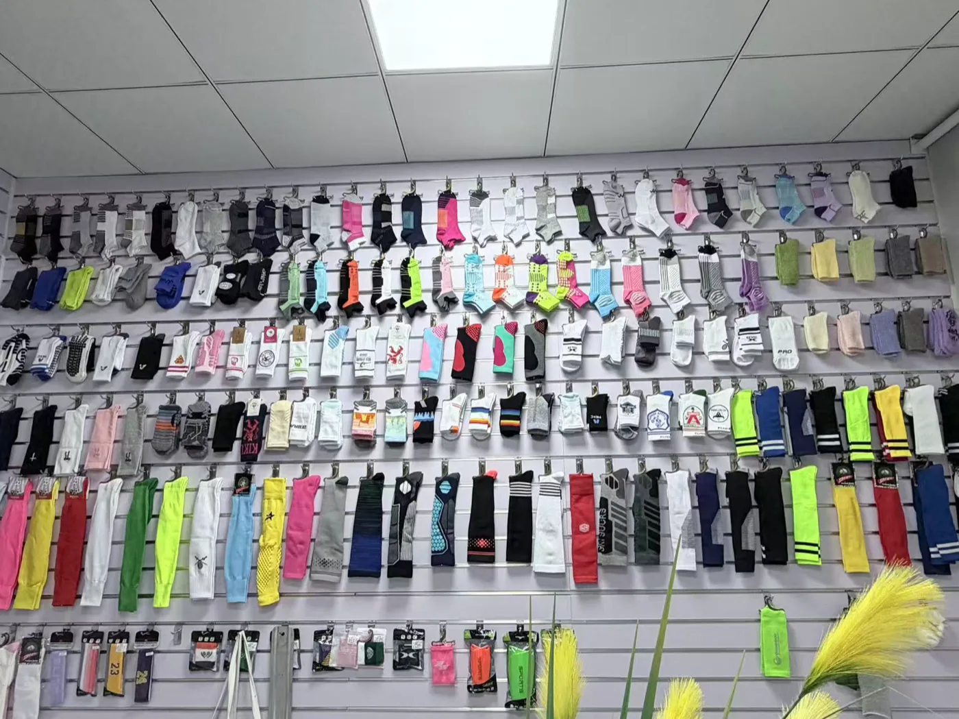 Finished jacquard socks in the showroom — the approved lineup
