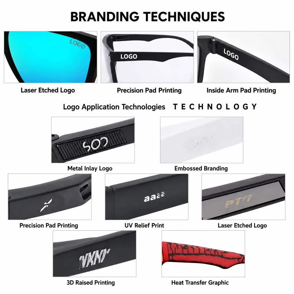 Laser engraving, metal logo, emboss and digital print on sunglasses