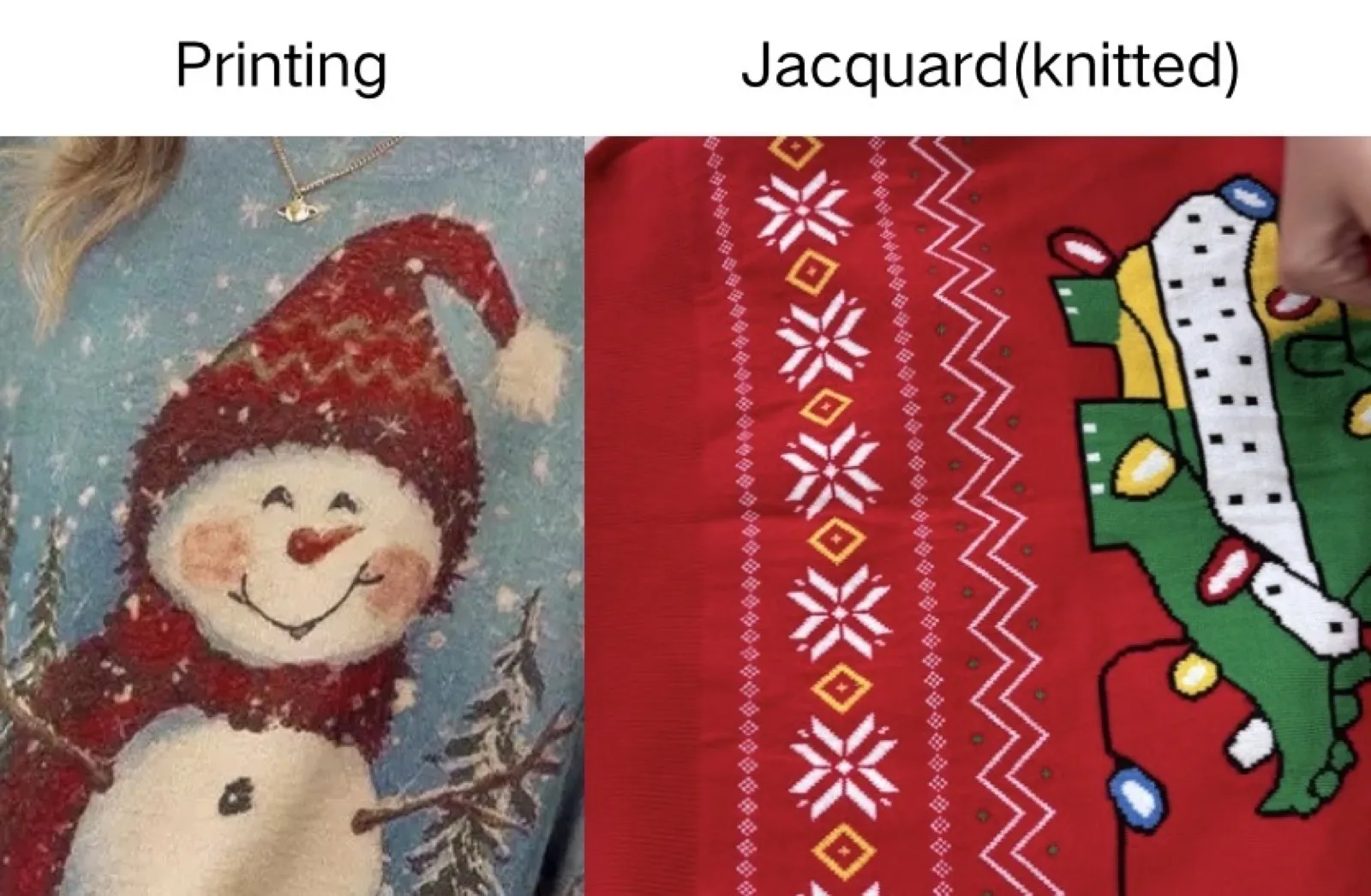 Print vs jacquard: printed on the surface vs knitted into the fabric