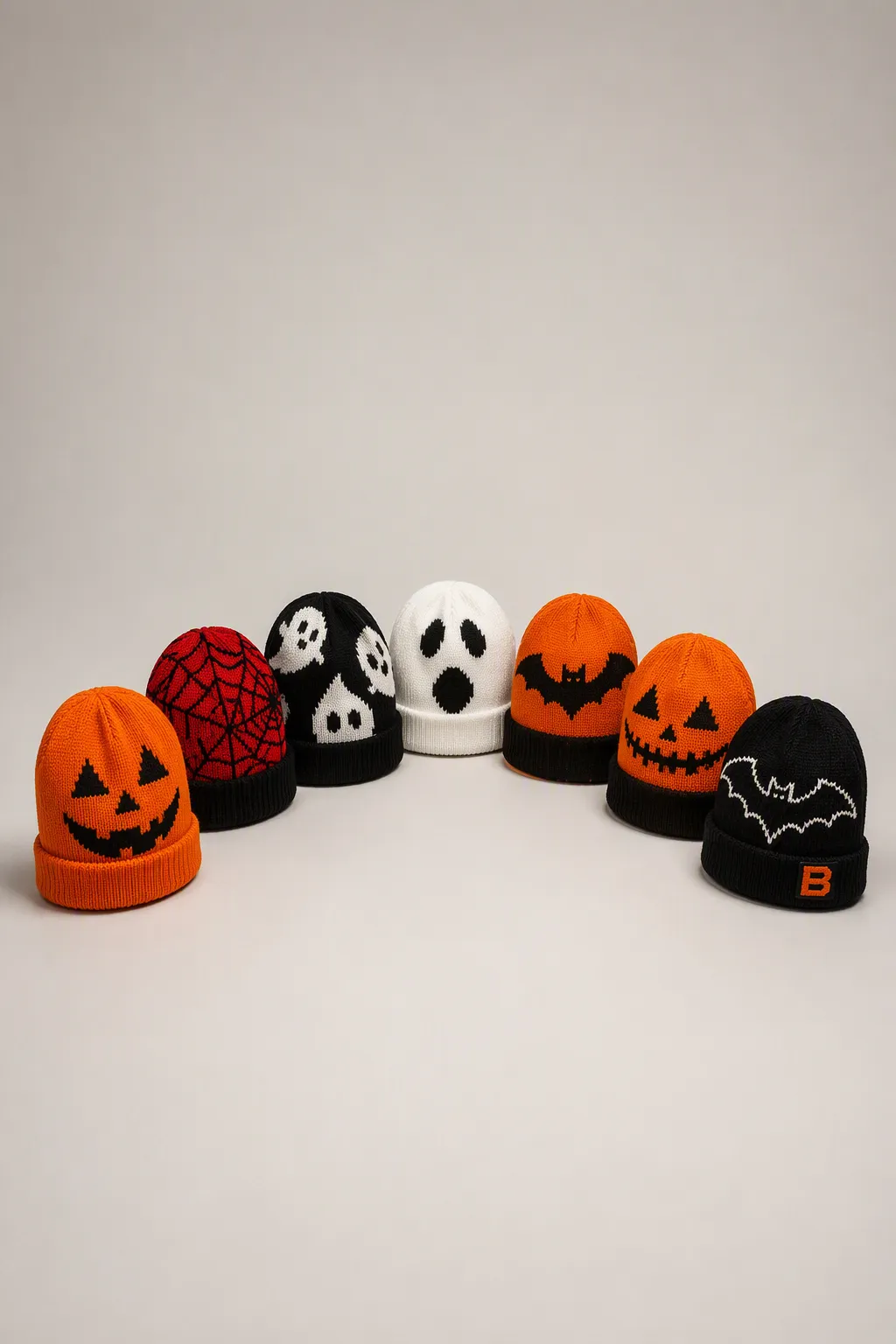 Collection of seven custom jacquard beanies in orange, black, white and red, one with the orange Bente logo knitted into the cuff
