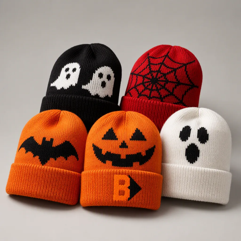 Five custom knitted beanies with jacquard patterns on a warm gray studio background