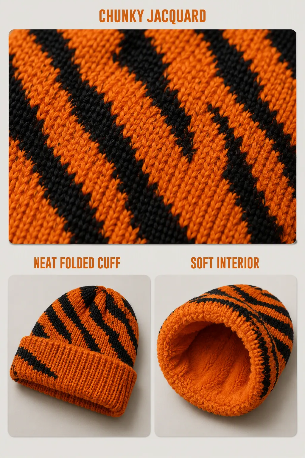 Three-panel detail of a chunky orange jacquard knit beanie: knit texture close-up, neat folded cuff and soft interior