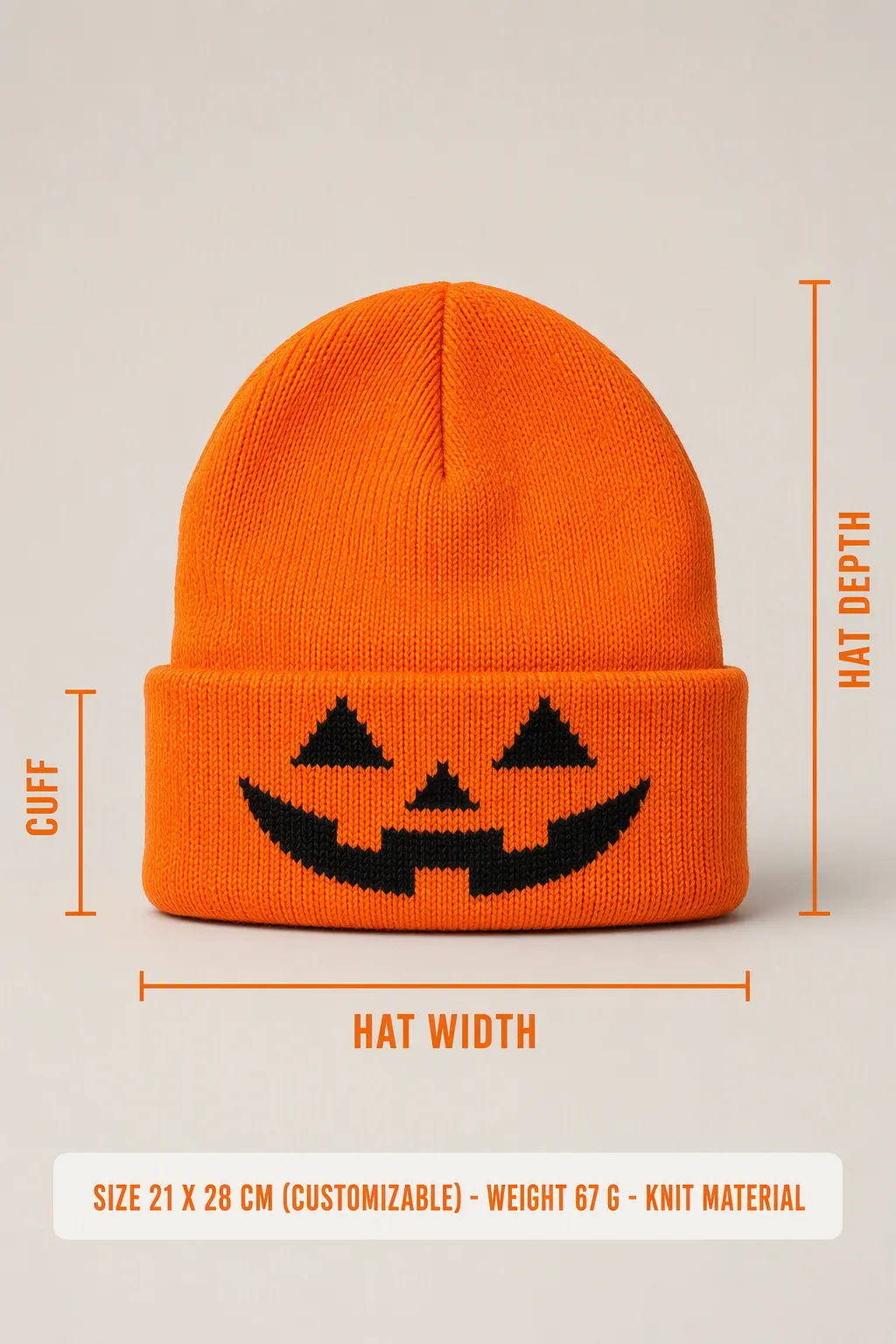 Jacquard beanie with hat depth, hat width and cuff dimension callouts; size 21 x 28 cm, weight 67 g