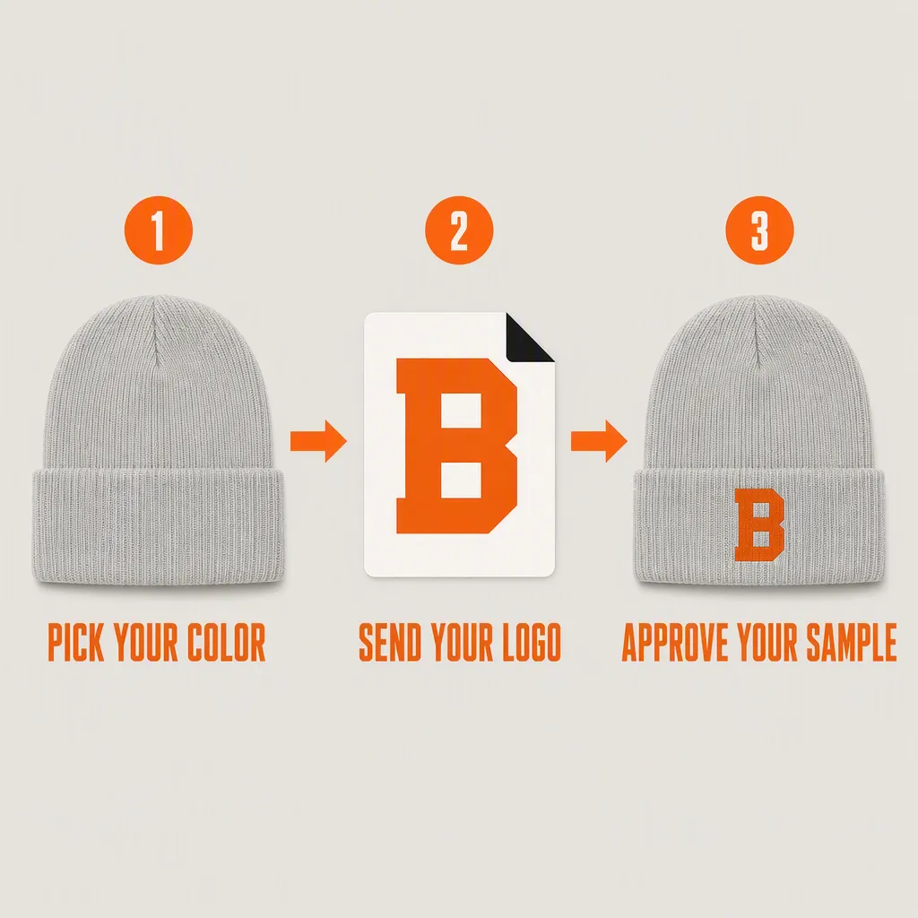 Three-step custom beanie process: pick your color, send your logo, approve your sample
