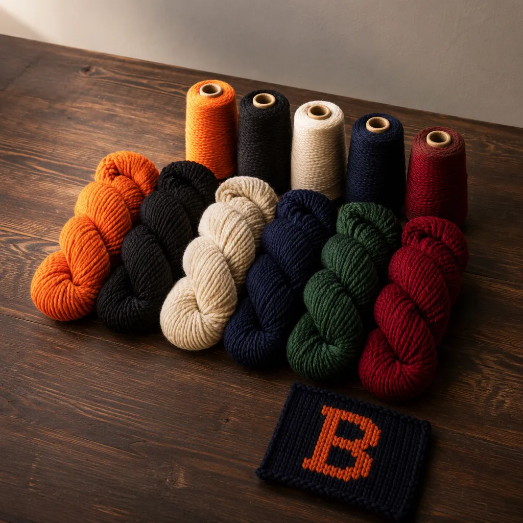 Six chunky yarn colorways — orange, black, ivory, navy, green and crimson — with a knitted swatch