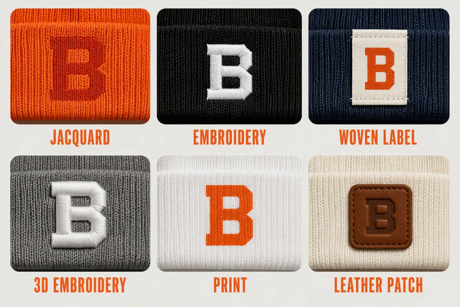 Comparison grid of six logo techniques on knit cuffs: jacquard, embroidery, woven label, 3D embroidery, print and leather patch