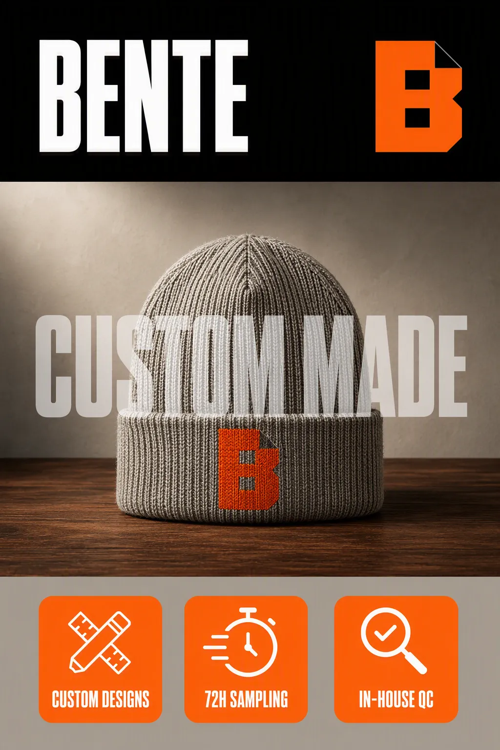 Bente brand banner: beanie with the orange B logo knitted into the cuff, custom designs, 72h sampling and in-house QC