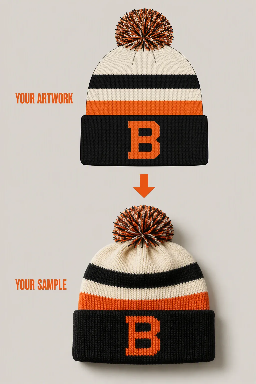 A flat beanie design mockup with the orange B logo turning into the finished knitted beanie