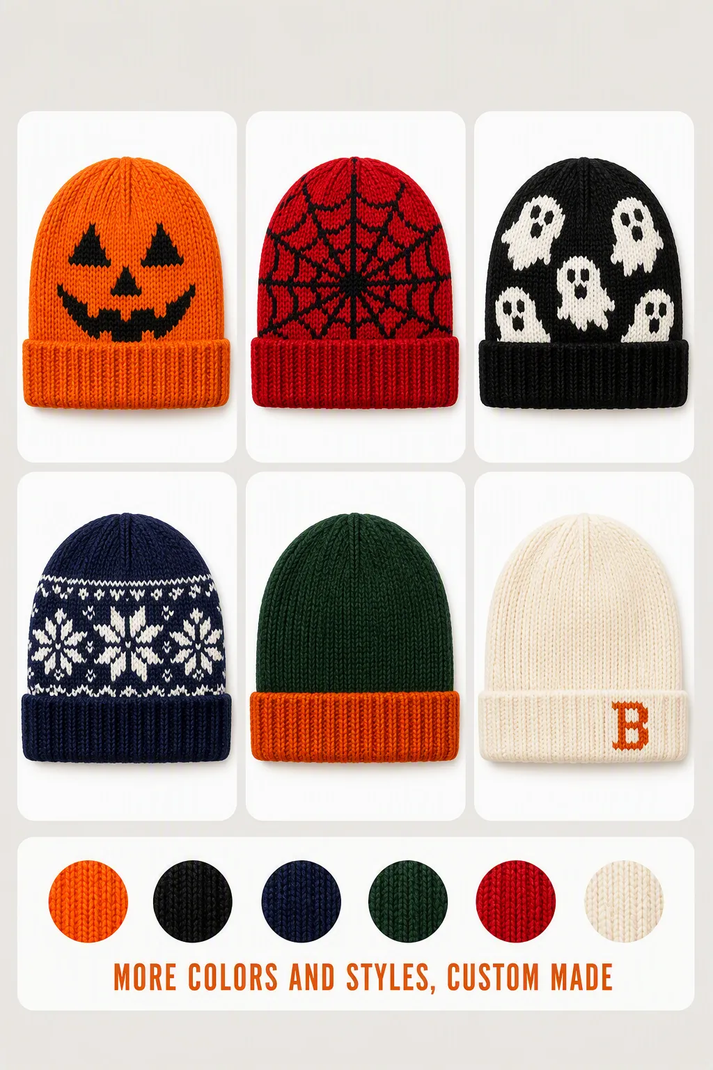 Grid of six custom beanies in different colors and jacquard patterns with six yarn color swatches