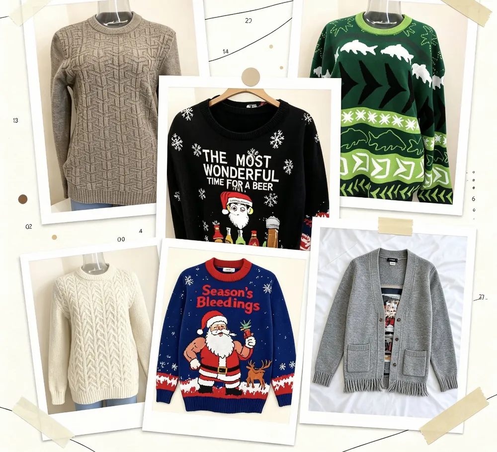 Collection of six custom knitted sweaters in different structures — jacquard, cable, ribbed, textured and fine-gauge — laid out on a warm grey studio background
