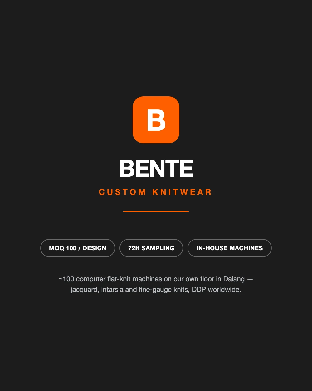 Bente brand banner with the BENTE wordmark, a jacquard knit sweater and the highlights custom knitwear, 100 pieces MOQ and in-house flat-knit machines