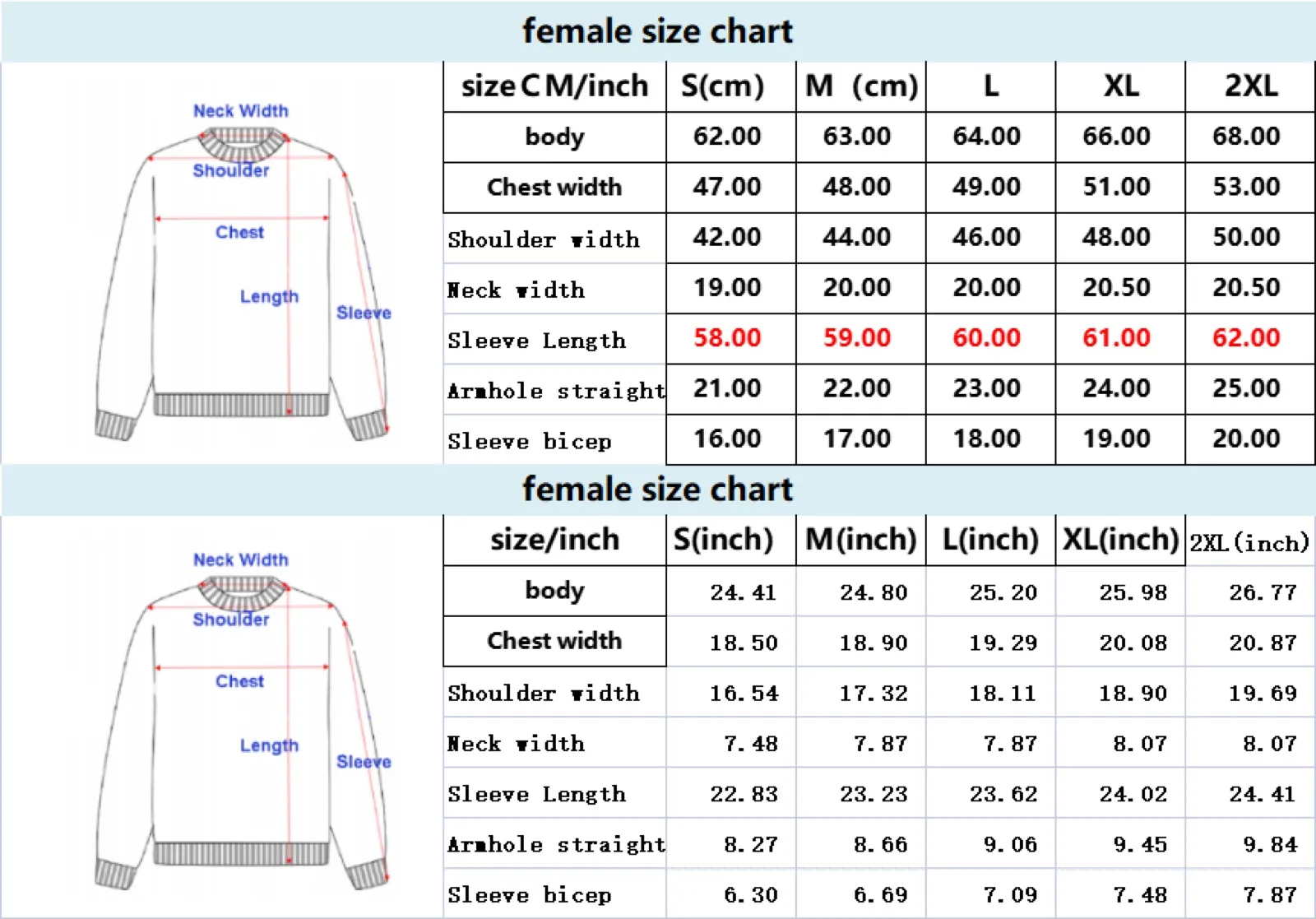 Custom size chart for Christmas sweaters